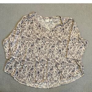 Rachel Zoe Top 3X Linen Floral 3/4 Sleeve V-Neck Lightweight Cottage Classic